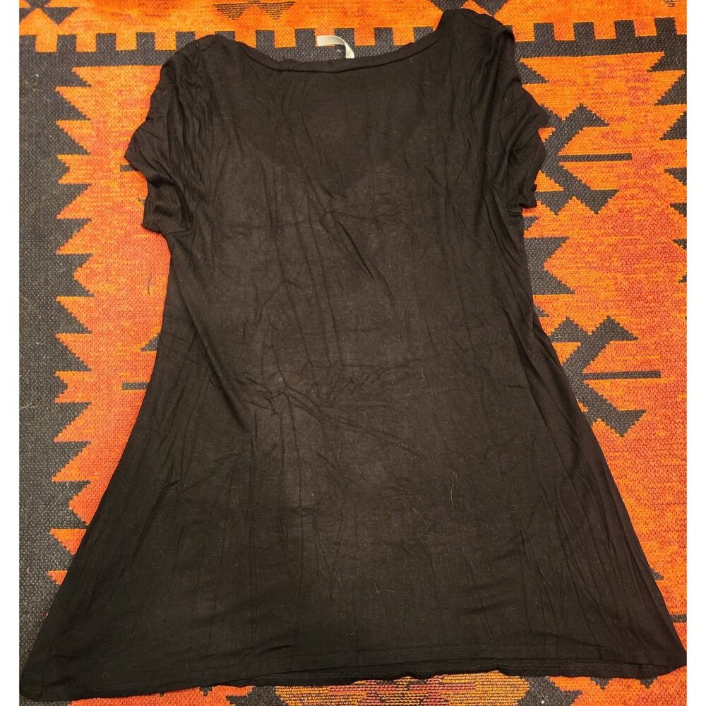 Vintage"Joshua" Black Motorcycle Graphic Women's Low V-Neck T-Shirt. Sz L - Picture 2 of 16